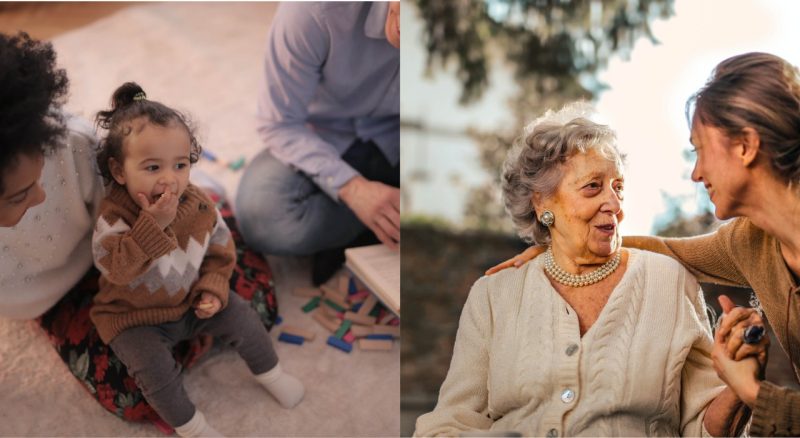 Photo of mom with baby sitting on lap and elderly woman with her daughter
